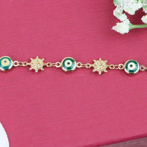 "Rose Gold Evil Eye & Wheel Charm Bracelet, Adjustable Protection Style,XPBL0739 - Picture 5 of 12